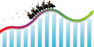 Illustration of a bar graph with a rollercoaster on top, featuring people in suits riding over colorful peaks. The graph rises from left to right, indicating upward growth.