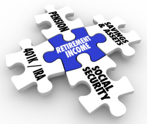 Puzzle pieces labeled Pension, 401K/IRA, Social Security, Savings & Assets surround a central blue piece reading "Retirement Income.